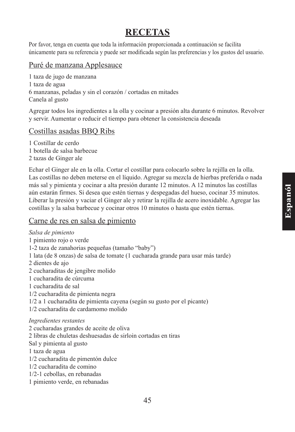 Recetas, 45 e sp an ól, Puré de manzana applesauce | Costillas asadas bbq ribs, Carne de res en salsa de pimiento | Nesco PC-6-25 User Manual | Page 45 / 52