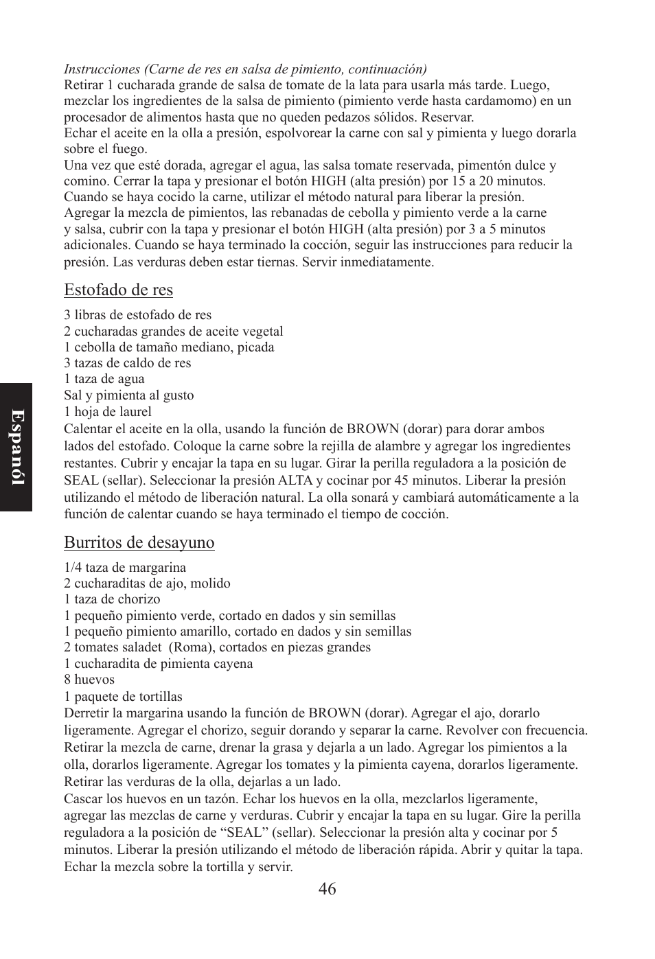 46 e sp an ól, Estofado de res, Burritos de desayuno | Nesco PC-6-25 User Manual | Page 46 / 52