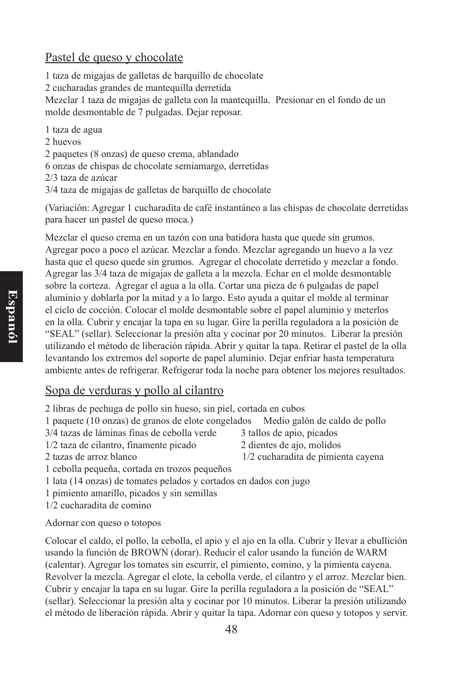 48 e sp an ól pastel de queso y chocolate, Sopa de verduras y pollo al cilantro | Nesco PC-6-25 User Manual | Page 48 / 52