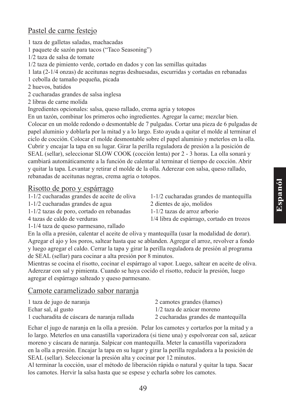 49 e sp an ól pastel de carne festejo, Risotto de poro y espárrago, Camote caramelizado sabor naranja | Nesco PC-6-25 User Manual | Page 49 / 52