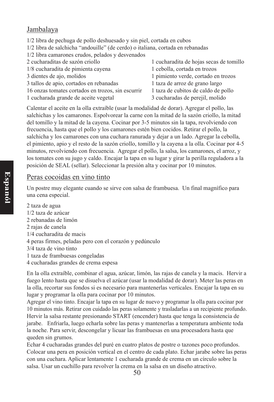 50 e sp an ól jambalaya, Peras cocoidas en vino tinto | Nesco PC-6-25 User Manual | Page 50 / 52