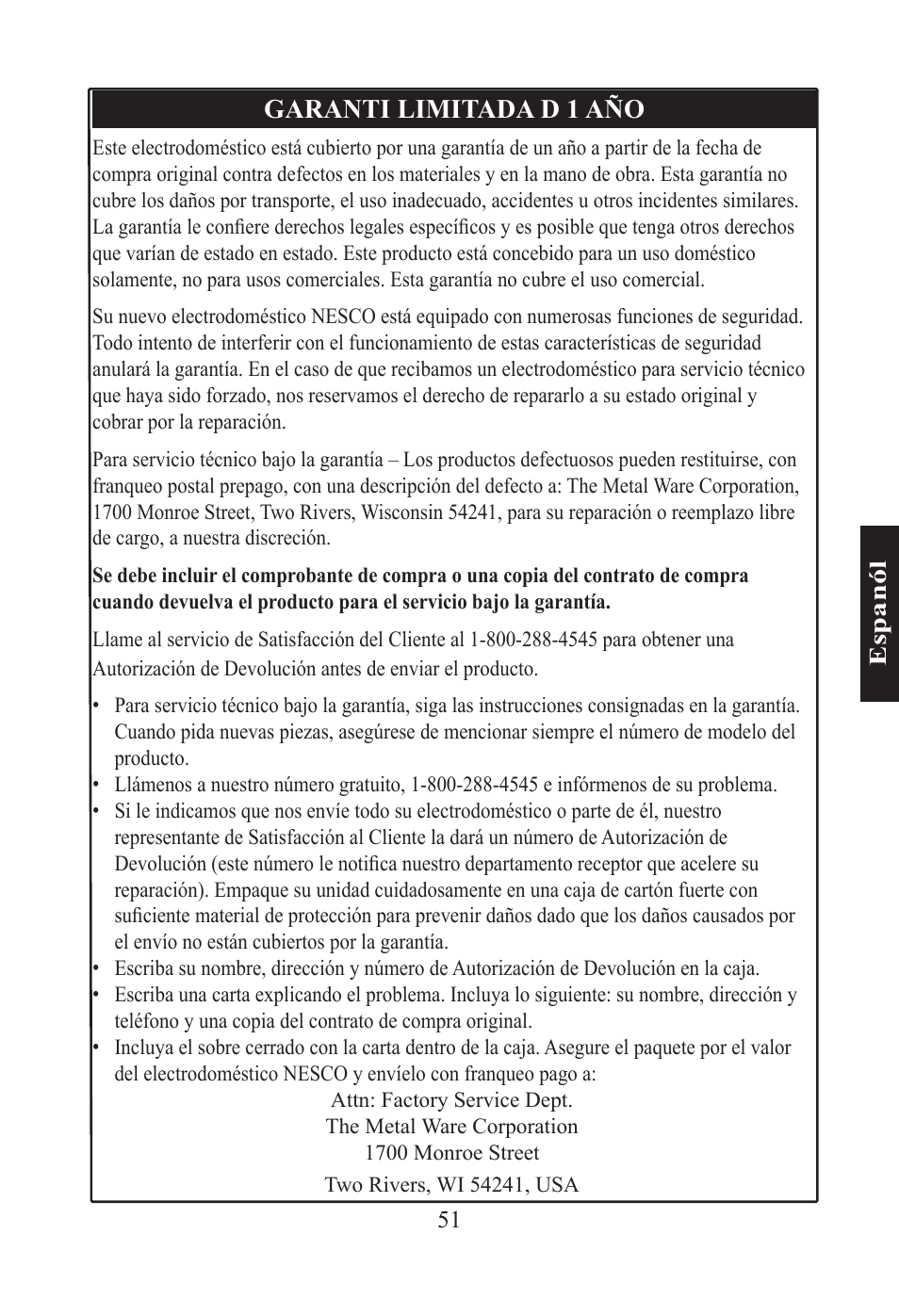 Garanti limitada d 1 año | Nesco PC-6-25 User Manual | Page 51 / 52