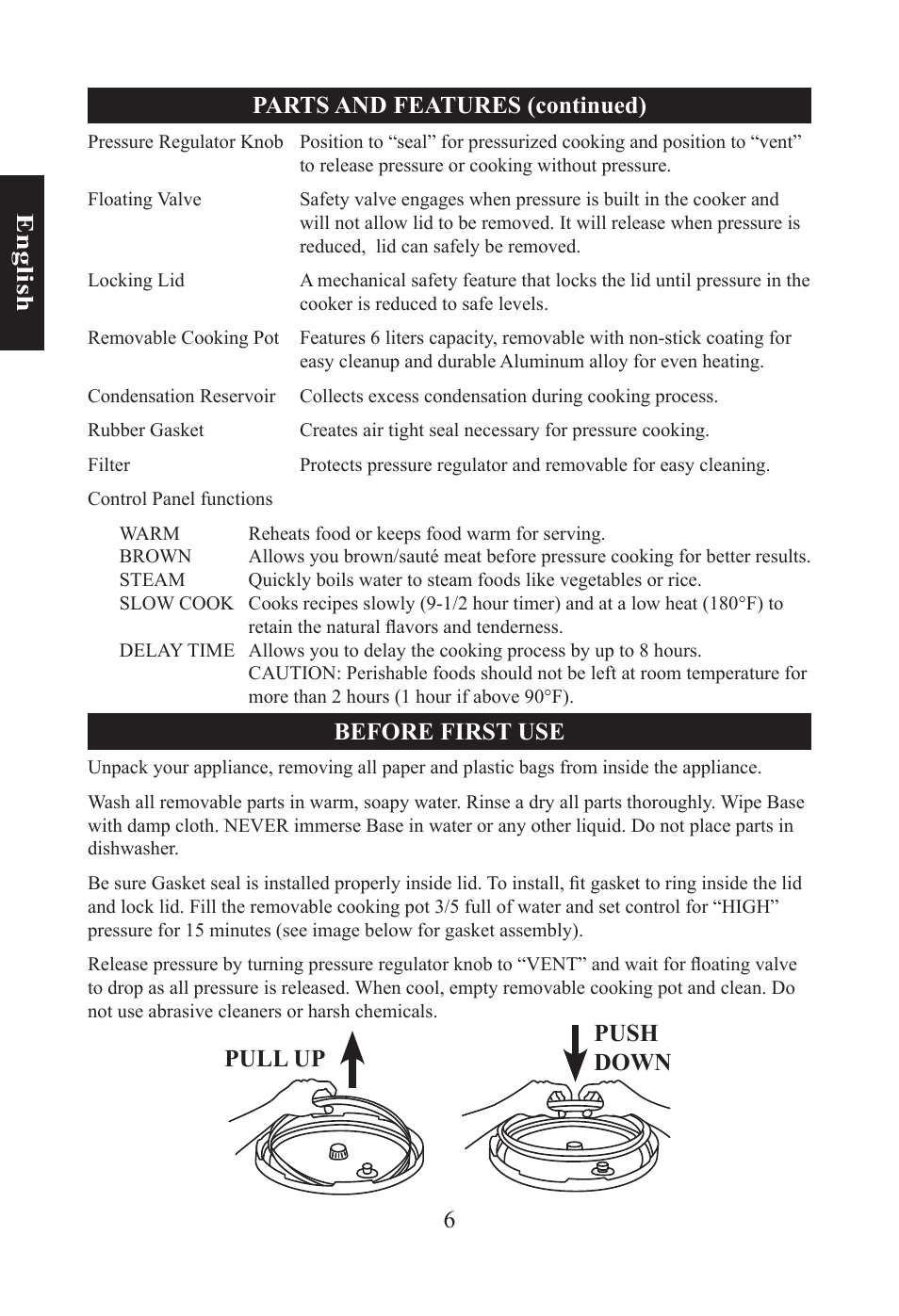 6e n gl is h parts and features (continued), Before first use, Push down pull up | Nesco PC-6-25 User Manual | Page 6 / 52