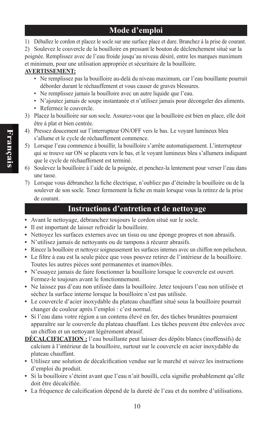 Fra n ça is mode d’emploi, Instructions d’entretien et de nettoyage | Nesco WK-64 User Manual | Page 12 / 20