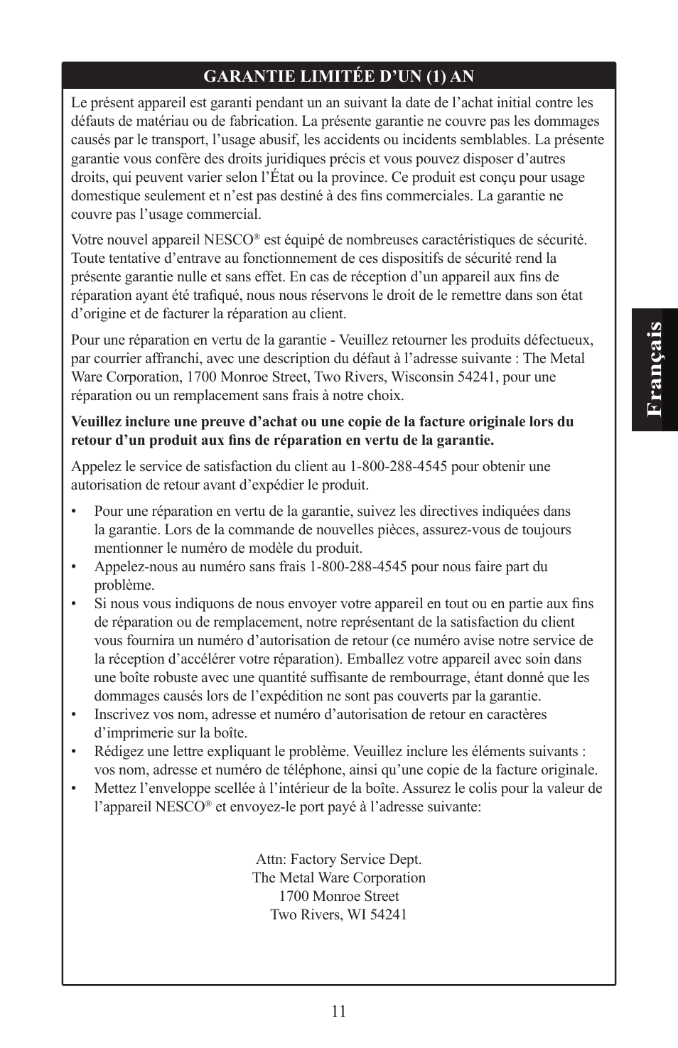 Fra n ça is | Nesco WK-64 User Manual | Page 13 / 20