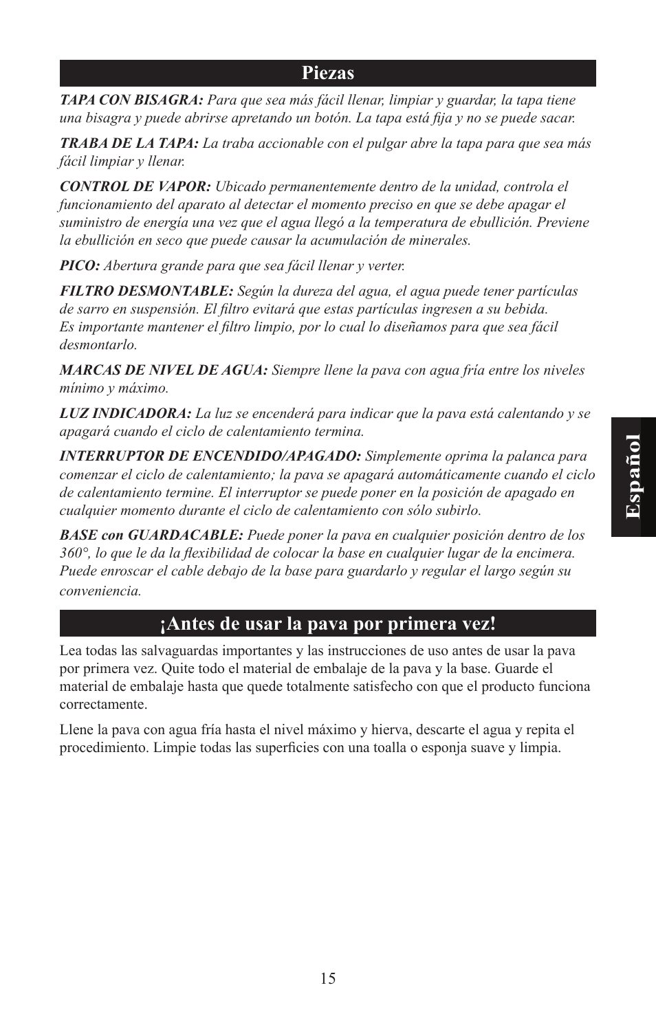 Esp añ ol, Piezas, Antes de usar la pava por primera vez | Nesco WK-64 User Manual | Page 17 / 20