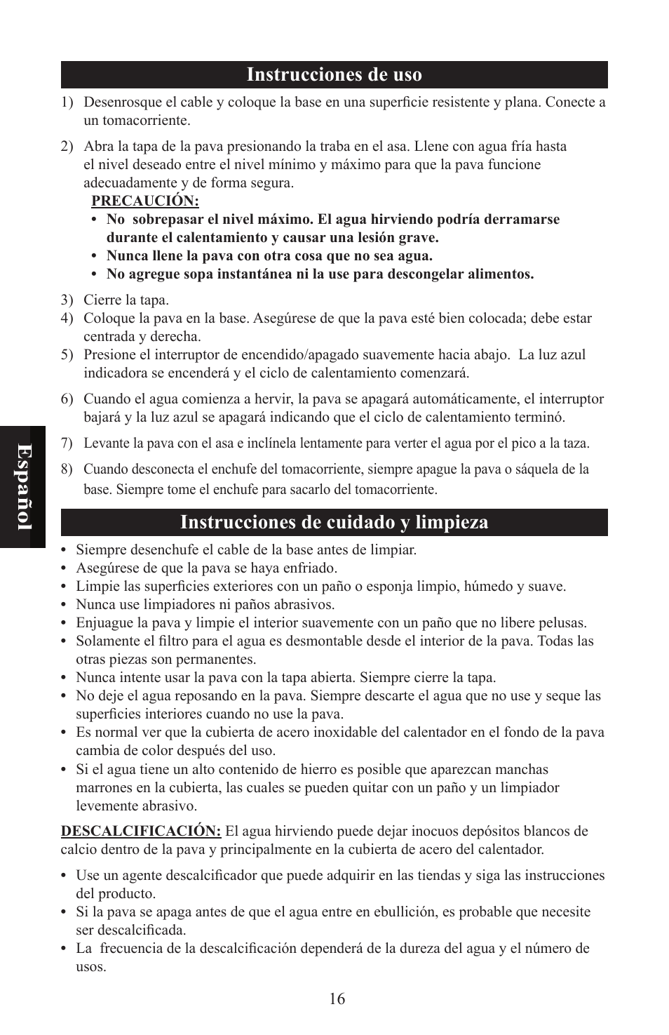 Esp añ ol, Instrucciones de uso, Instrucciones de cuidado y limpieza | Nesco WK-64 User Manual | Page 18 / 20