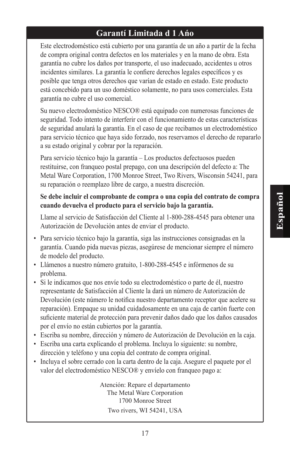 Esp añ ol, Garantí limitada d 1 ańo | Nesco WK-64 User Manual | Page 19 / 20