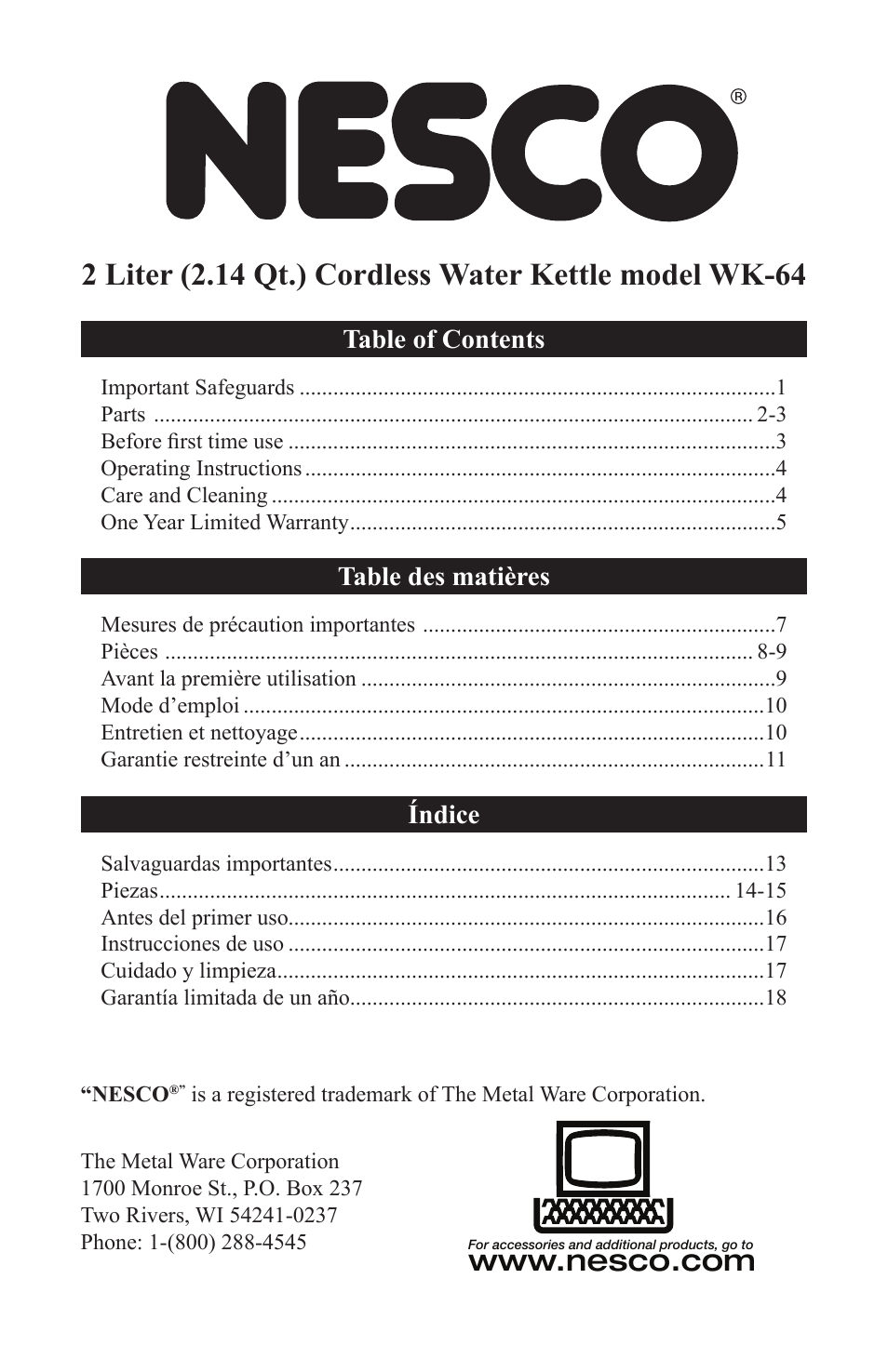 Nesco WK-64 User Manual | Page 2 / 20
