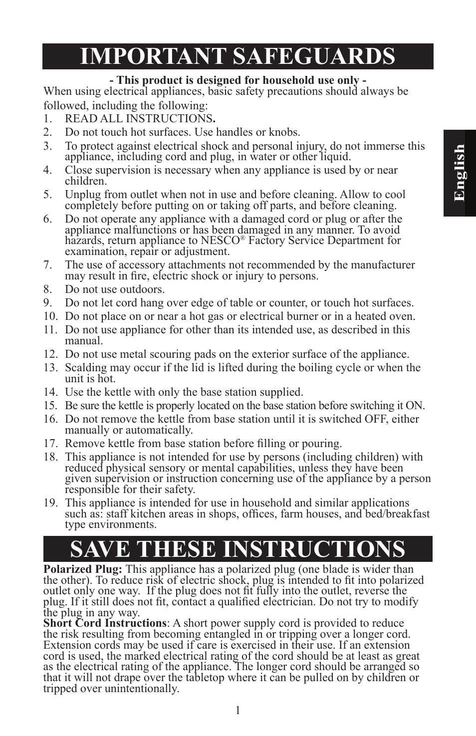 Important safeguards, Save these instructions | Nesco WK-64 User Manual | Page 3 / 20