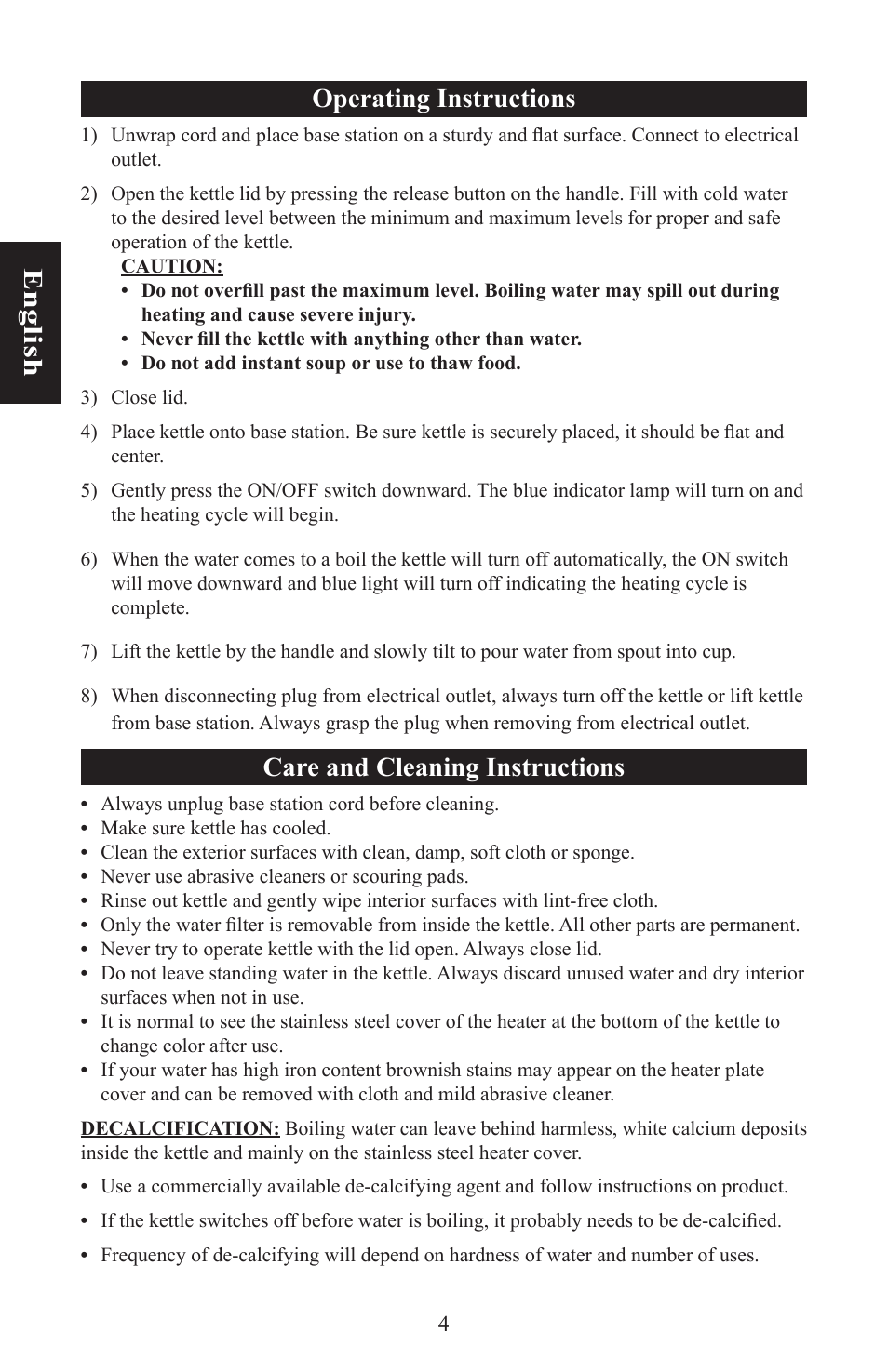 English operating instructions, Care and cleaning instructions | Nesco WK-64 User Manual | Page 6 / 20