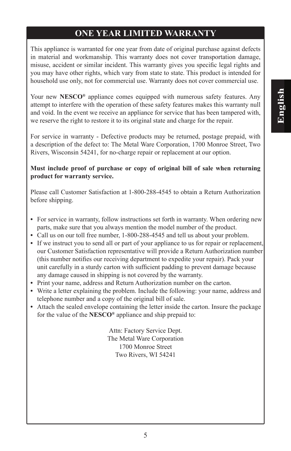 En gl is h one year limited warranty | Nesco WK-64 User Manual | Page 7 / 20