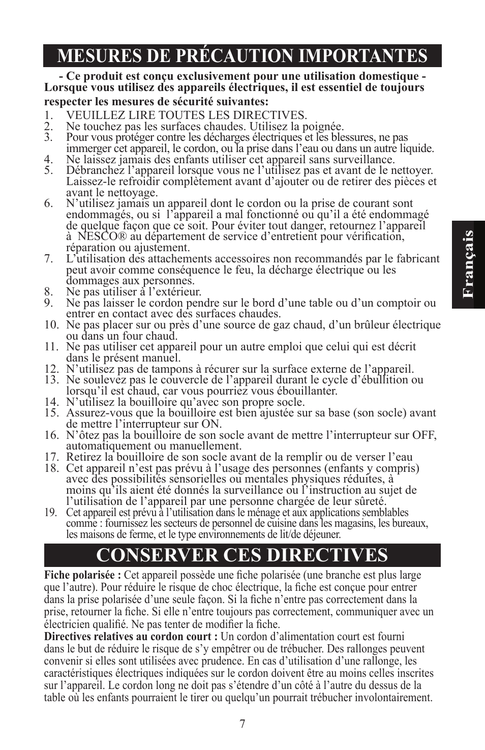 Mesures de précaution importantes, Conserver ces directives | Nesco WK-64 User Manual | Page 9 / 20