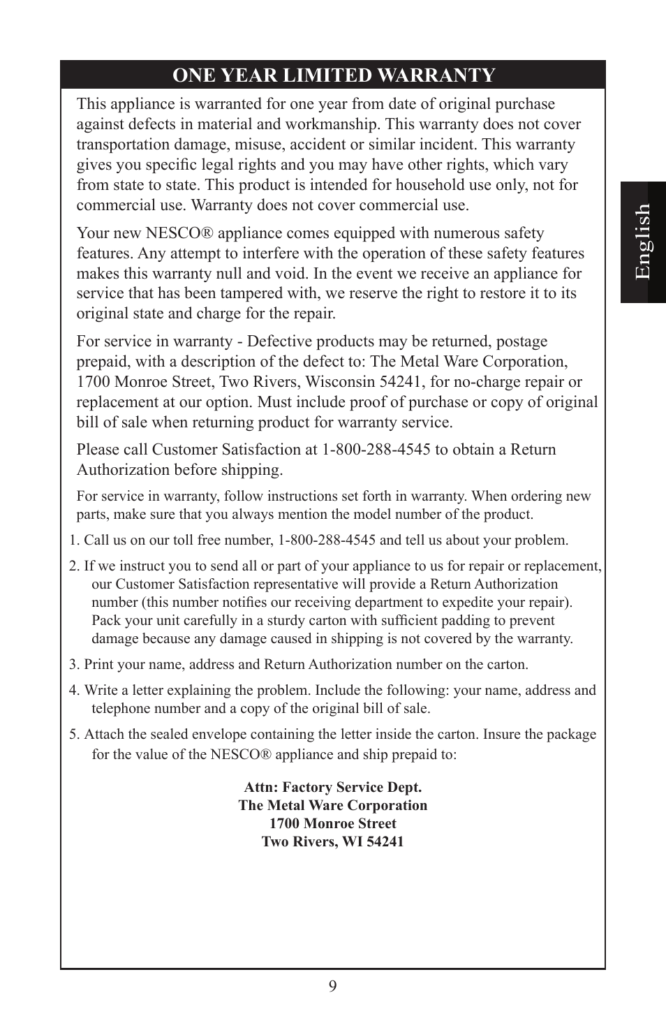 Eng li sh one year limited warranty | Nesco ST-24 User Manual | Page 10 / 28