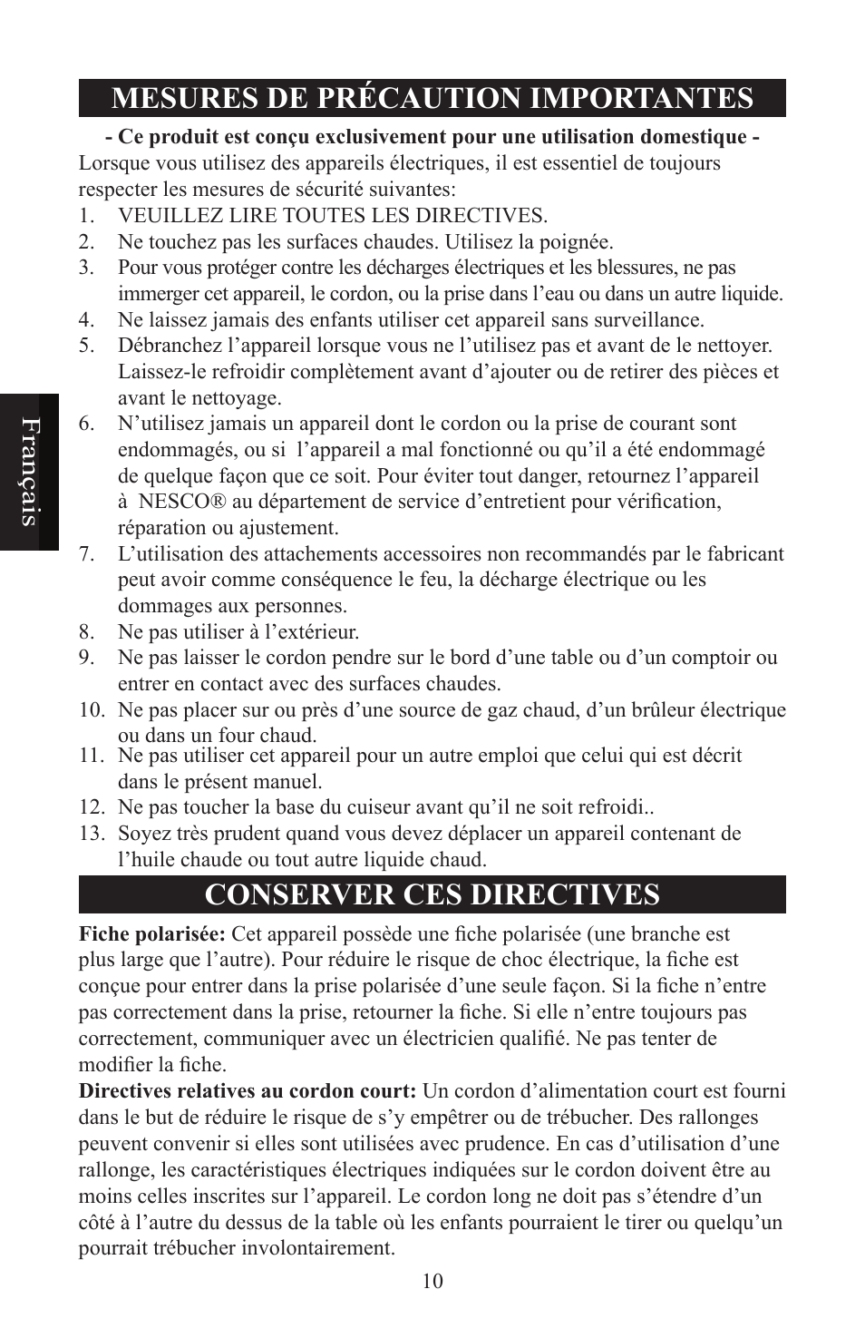 Mesures de précaution importantes, Conserver ces directives, Français | Nesco ST-24 User Manual | Page 11 / 28