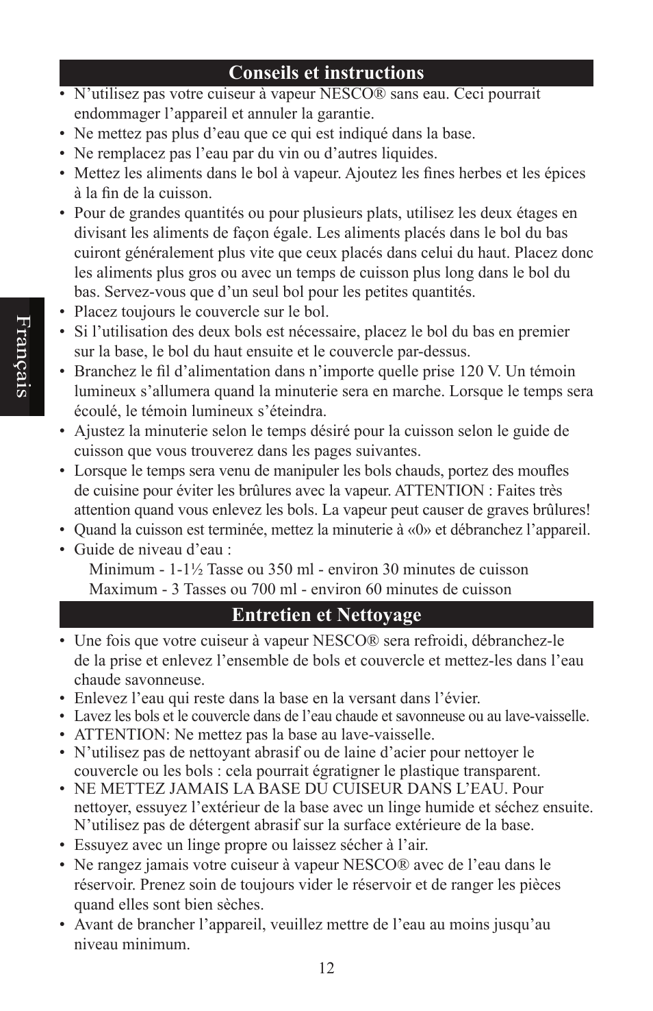 Français conseils et instructions, Entretien et nettoyage | Nesco ST-24 User Manual | Page 13 / 28