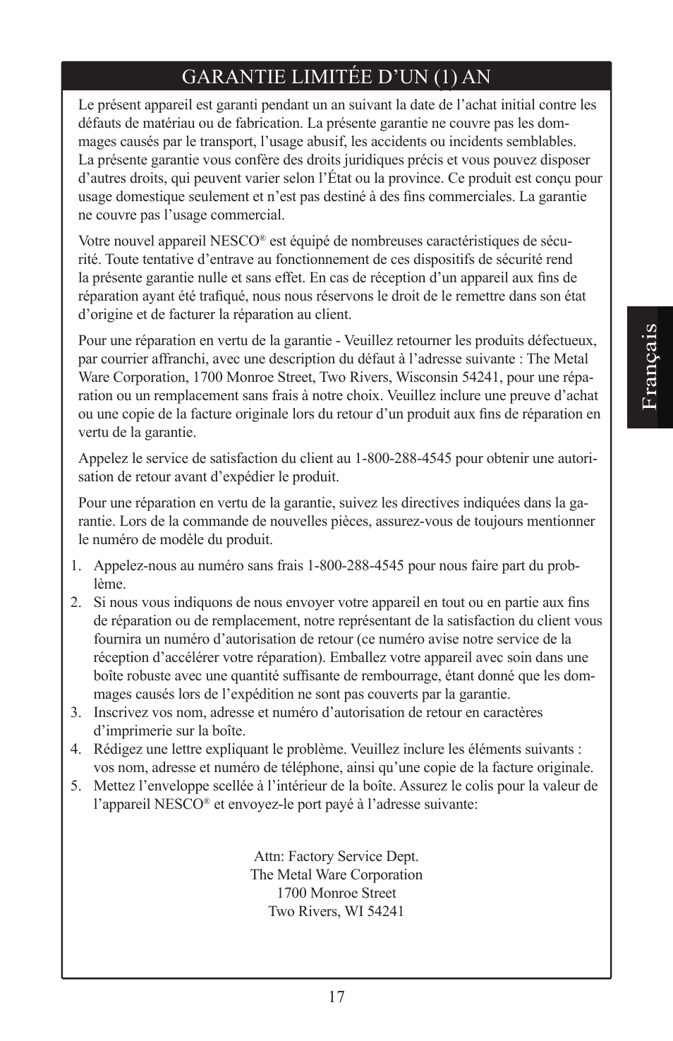 Fra nç ai s garantie limitée d’un (1) an | Nesco ST-24 User Manual | Page 18 / 28