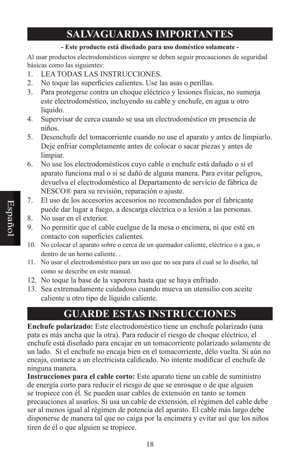 Salvaguardas importantes, Guarde estas instrucciones, Esp añ ol | Nesco ST-24 User Manual | Page 19 / 28