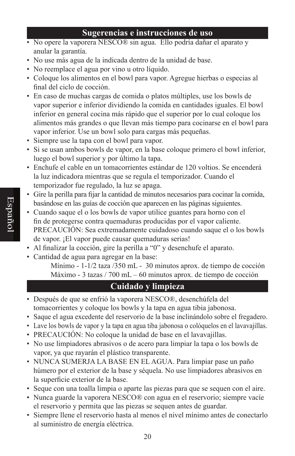 Esp añ ol sugerencias e instrucciones de uso, Cuidado y limpieza | Nesco ST-24 User Manual | Page 21 / 28