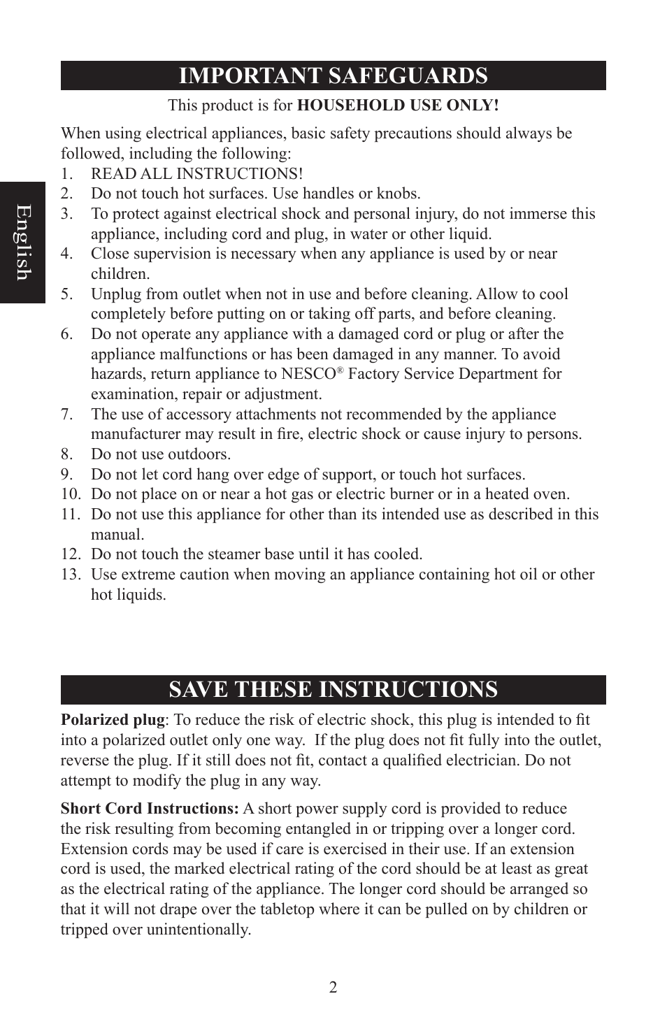 Important safeguards, Save these instructions, English | Nesco ST-24 User Manual | Page 3 / 28