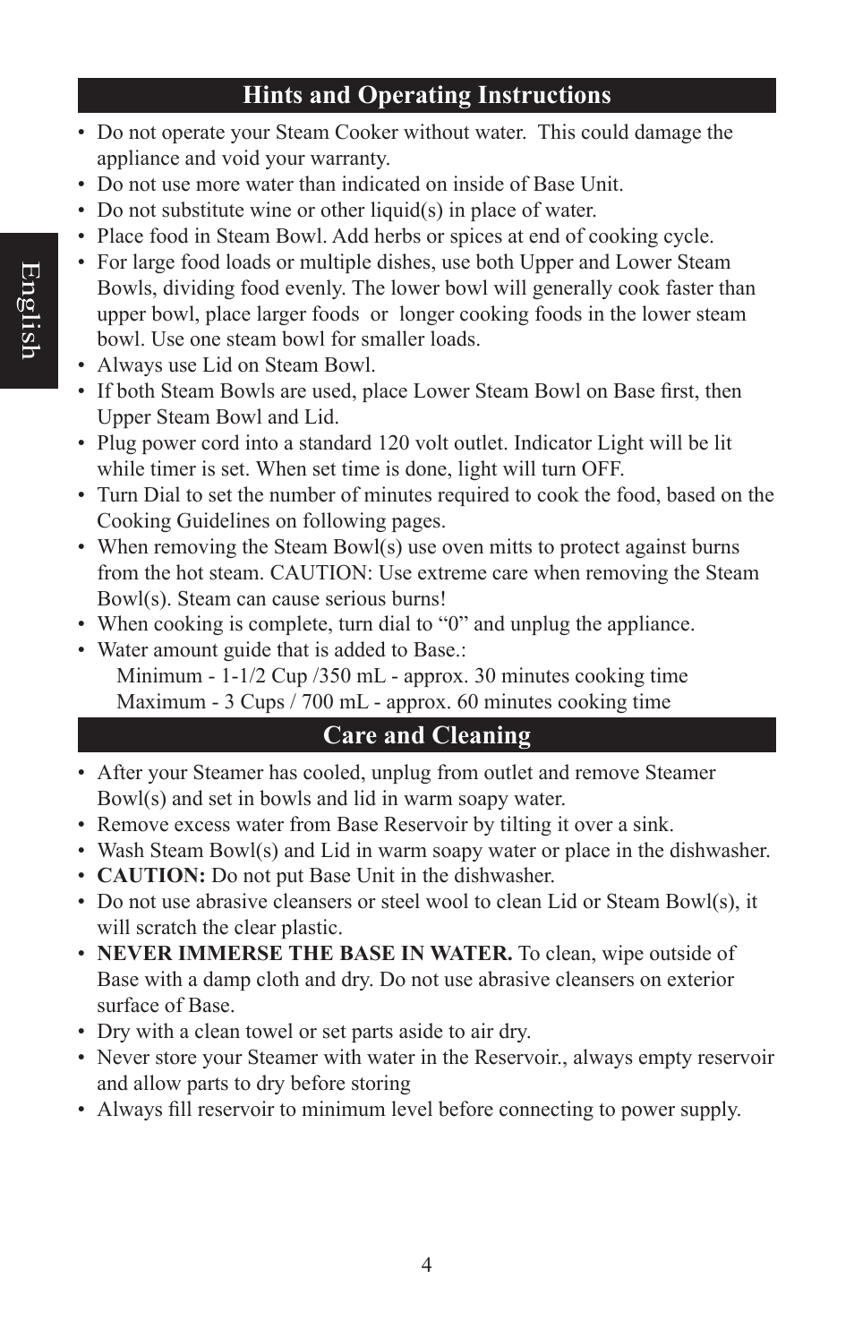 English hints and operating instructions, Care and cleaning | Nesco ST-24 User Manual | Page 5 / 28