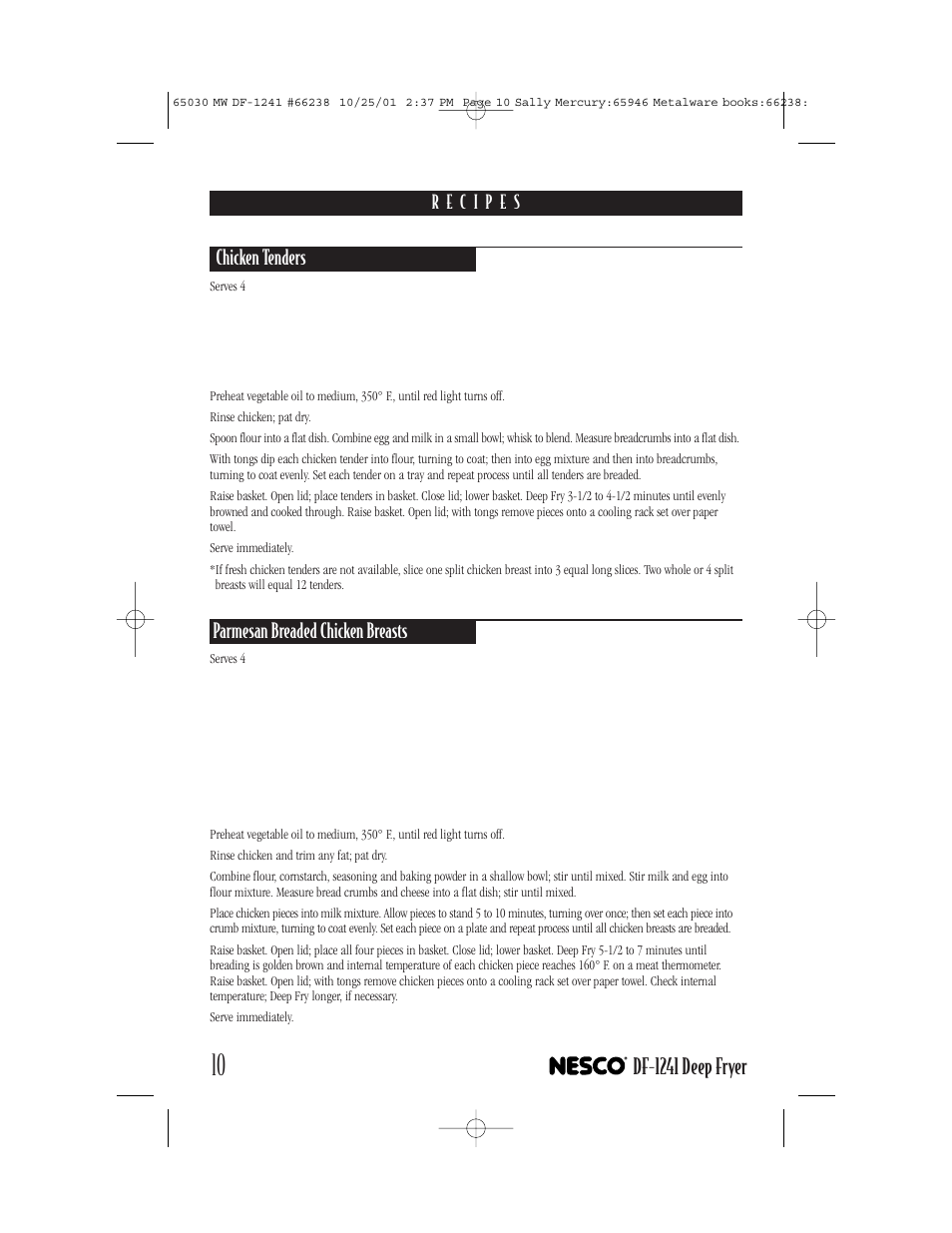 Df-1241 deep fryer, Chicken tenders, Parmesan breaded chicken breasts | Nesco DF-1241 User Manual | Page 10 / 16