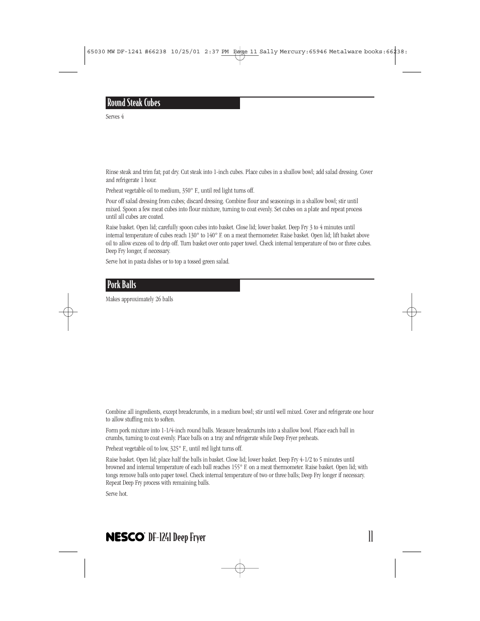 Df-1241 deep fryer, Round steak cubes, Pork balls | Nesco DF-1241 User Manual | Page 11 / 16