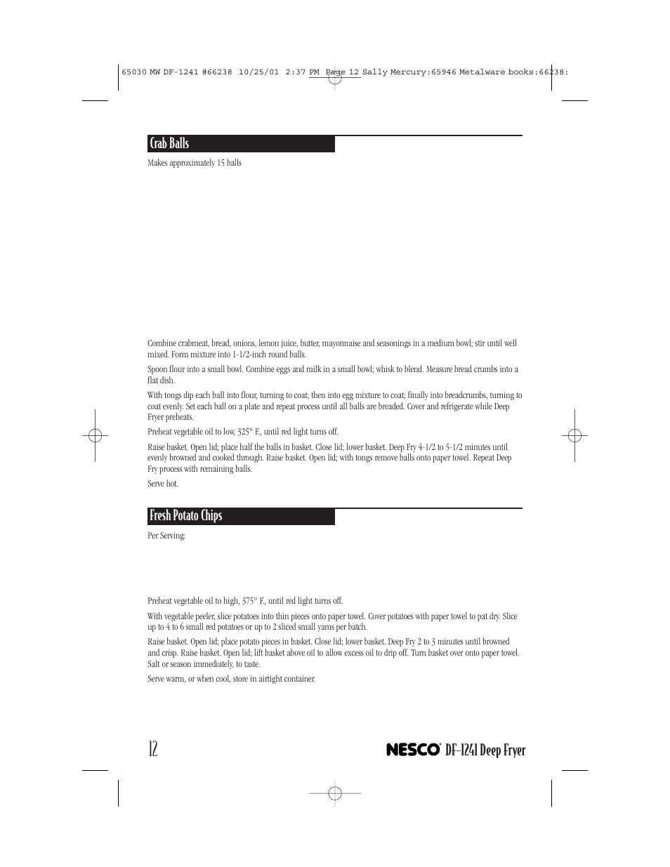 Df-1241 deep fryer, Crab balls, Fresh potato chips | Nesco DF-1241 User Manual | Page 12 / 16