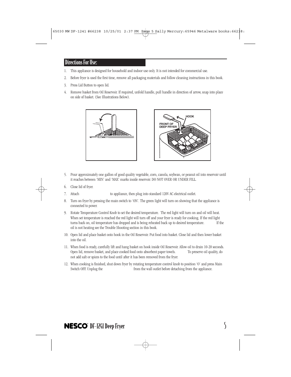 Df-1241 deep fryer, Directions for use | Nesco DF-1241 User Manual | Page 5 / 16