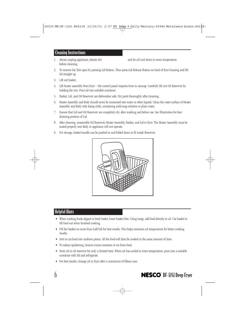 Df-1241 deep fryer, Cleaning instructions, Helpful hints | Nesco DF-1241 User Manual | Page 6 / 16