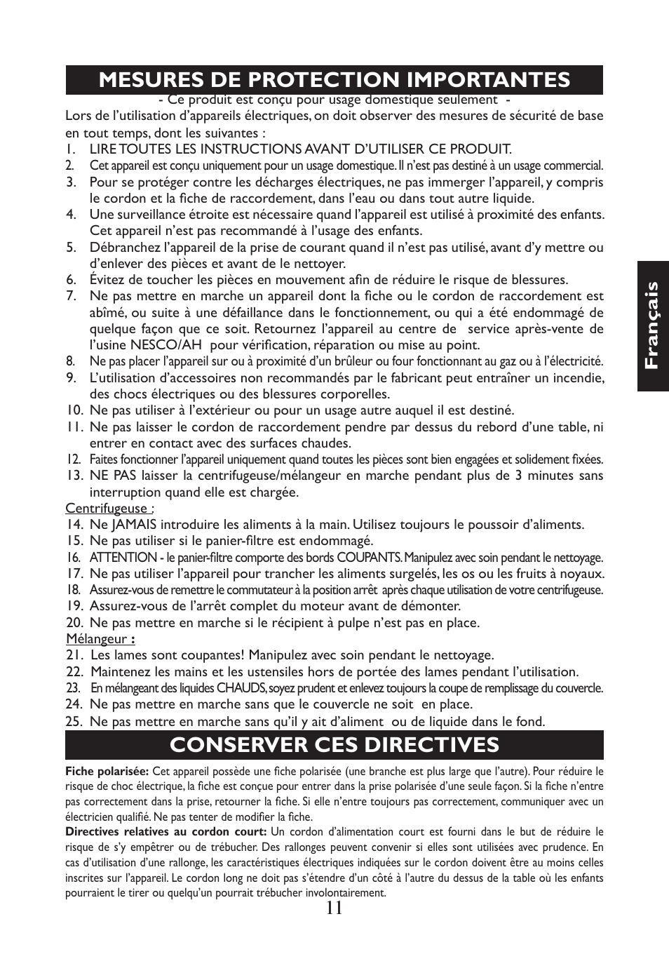 Mesures de protection importantes, Conserver ces directives | Nesco JB-50 User Manual | Page 14 / 34