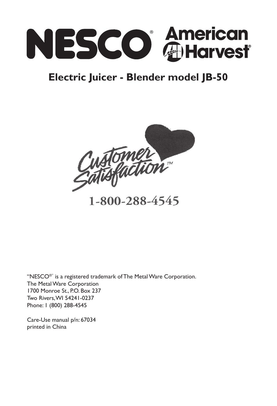 Electric juicer - blender model jb-50 | Nesco JB-50 User Manual | Page 2 / 34