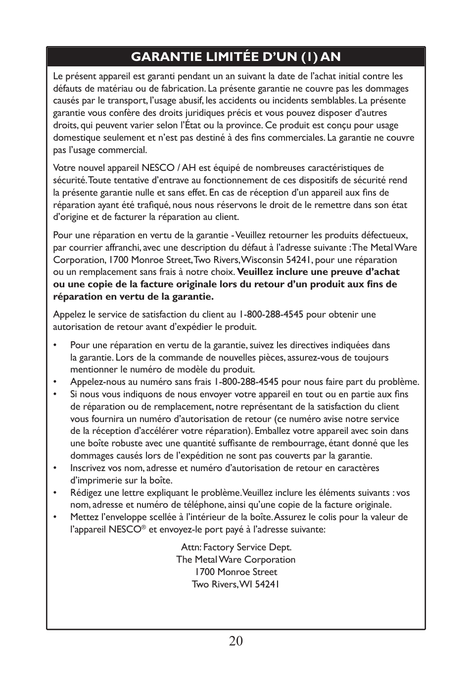 Garantie limitée d’un (1) an | Nesco JB-50 User Manual | Page 23 / 34