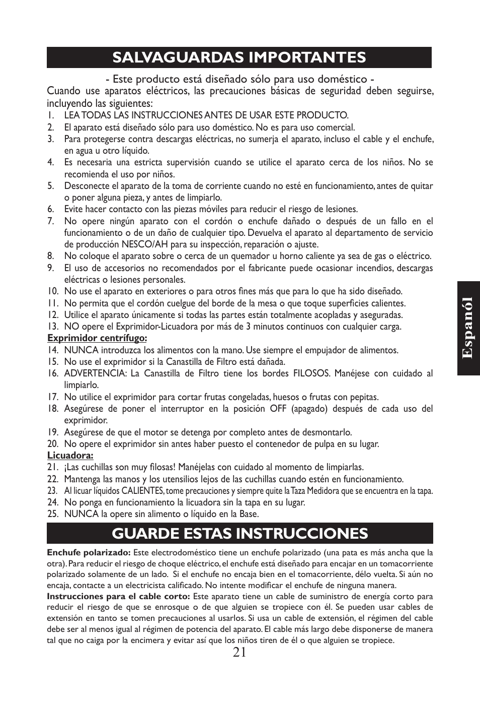 Salvaguardas importantes, Guarde estas instrucciones, 21 e sp an ól | Nesco JB-50 User Manual | Page 24 / 34