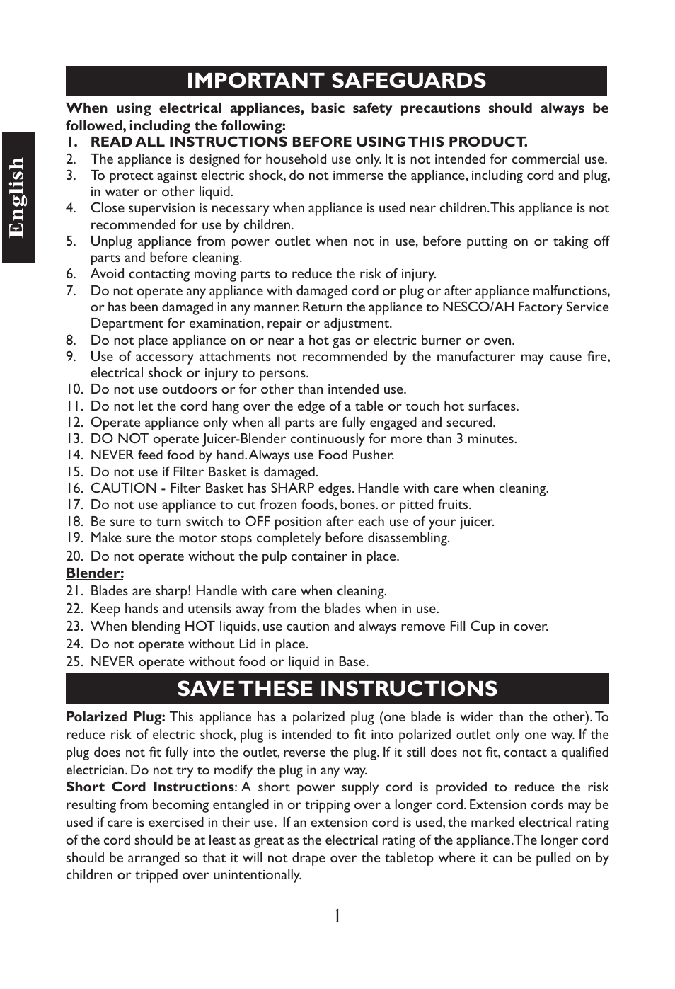 Important safeguards, Save these instructions, 1e n gl is h | Nesco JB-50 User Manual | Page 4 / 34