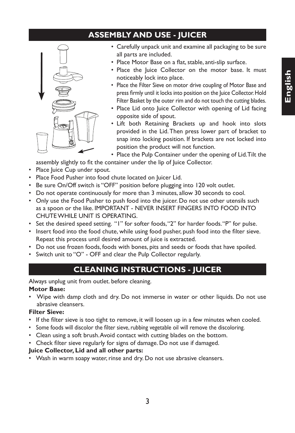 3e n g li sh assembly and use - juicer, Cleaning instructions - juicer | Nesco JB-50 User Manual | Page 6 / 34