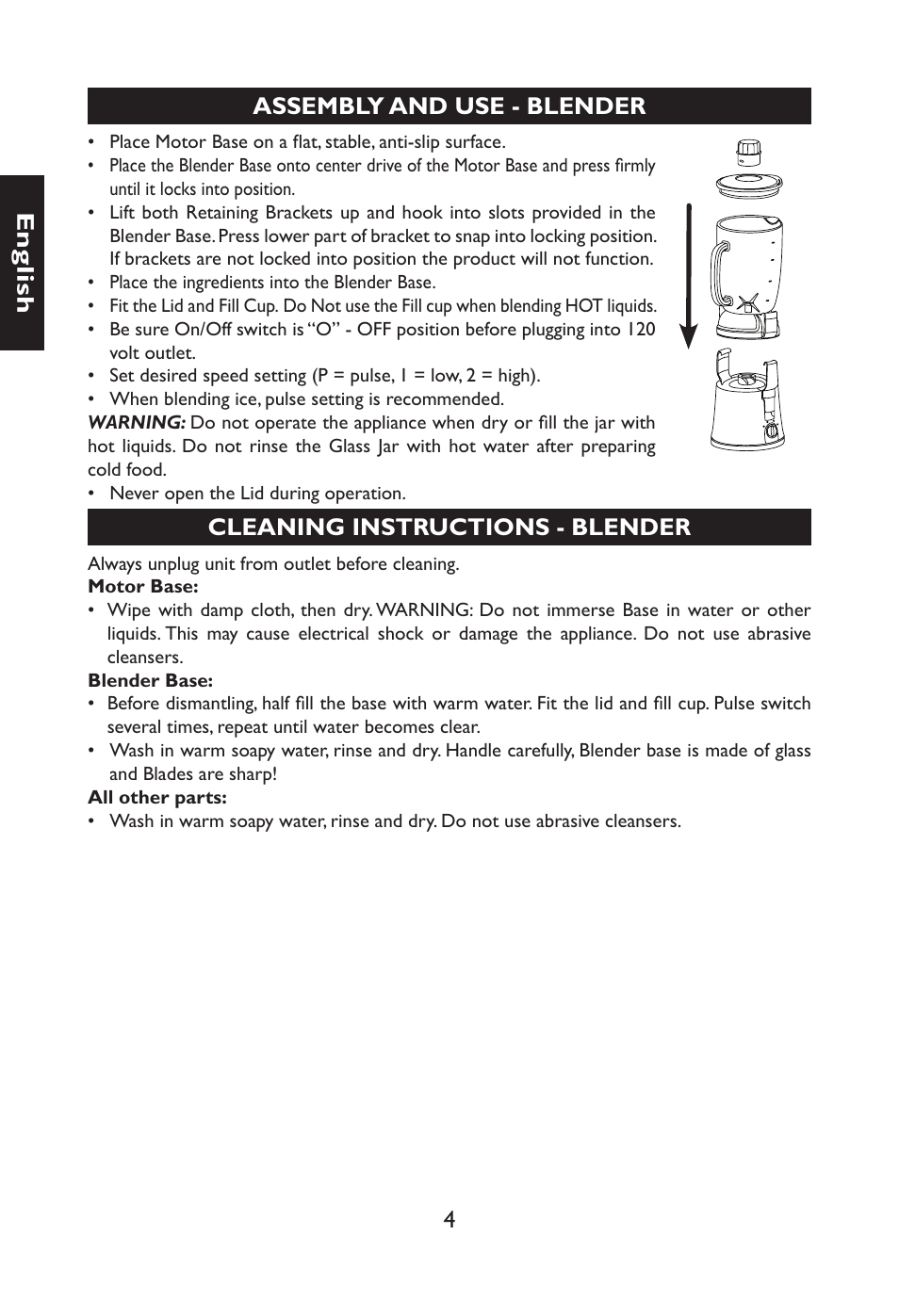 4e n g lis h assembly and use - blender, Cleaning instructions - blender | Nesco JB-50 User Manual | Page 7 / 34