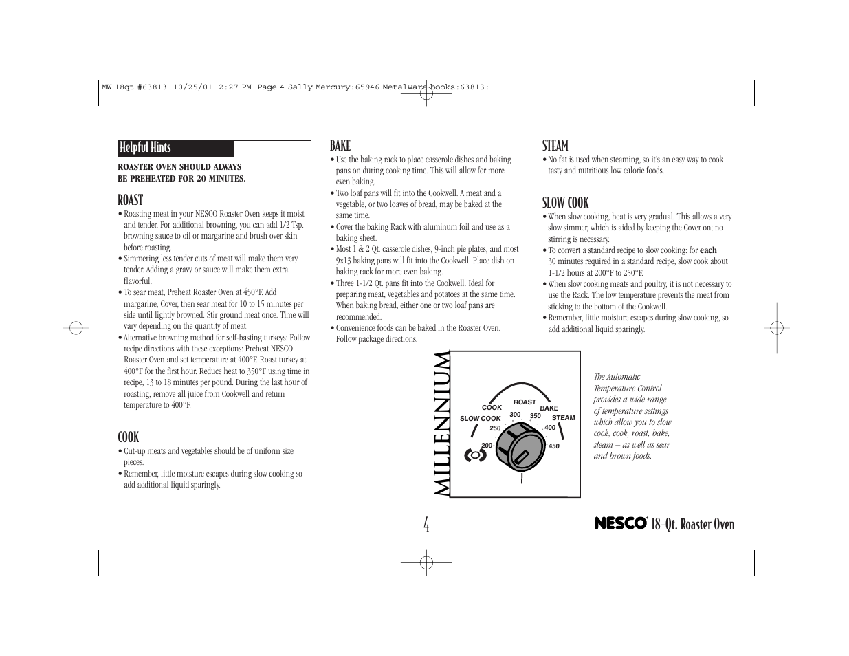Millenniu m, Qt. roaster oven, Helpful hints | Roast, Cook, Bake, Steam, Slow cook | Nesco Roaster Oven User Manual | Page 5 / 20