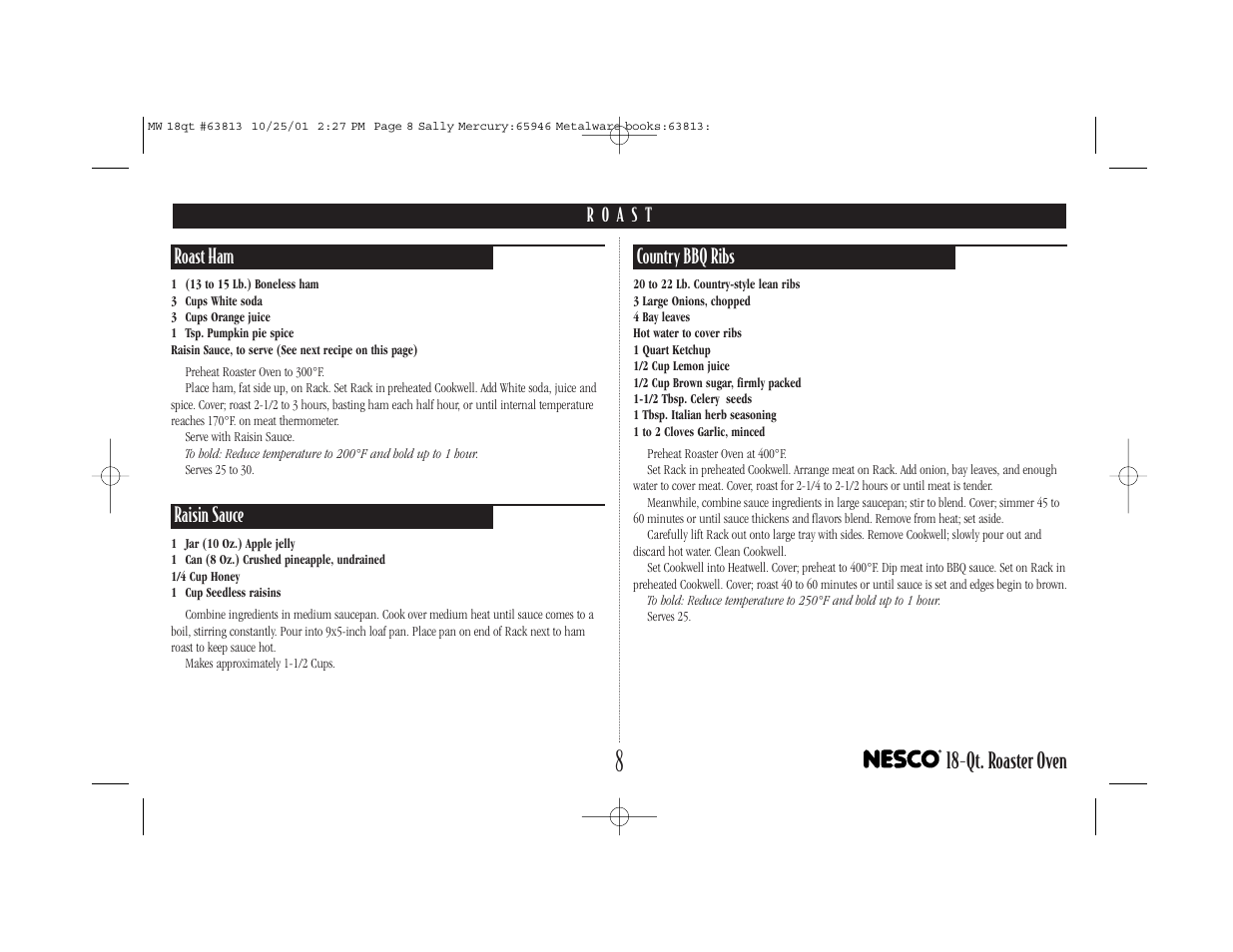 Qt. roaster oven, Roast ham, Raisin sauce | Country bbq ribs | Nesco Roaster Oven User Manual | Page 9 / 20