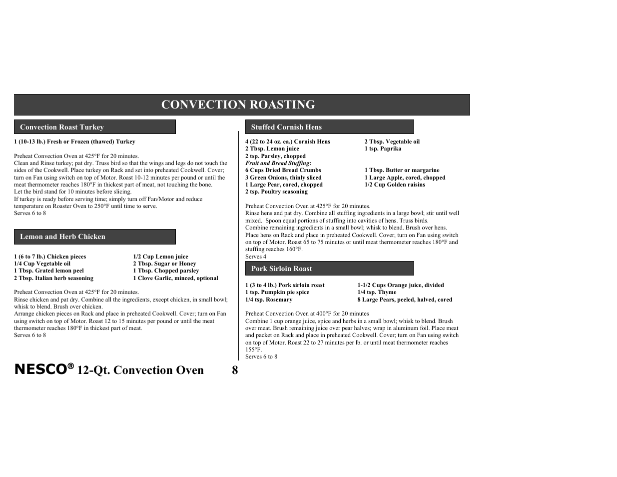 Nesco, Qt. convection oven 8, Convection roasting | Nesco Convection Roaster Oven User Manual | Page 11 / 32