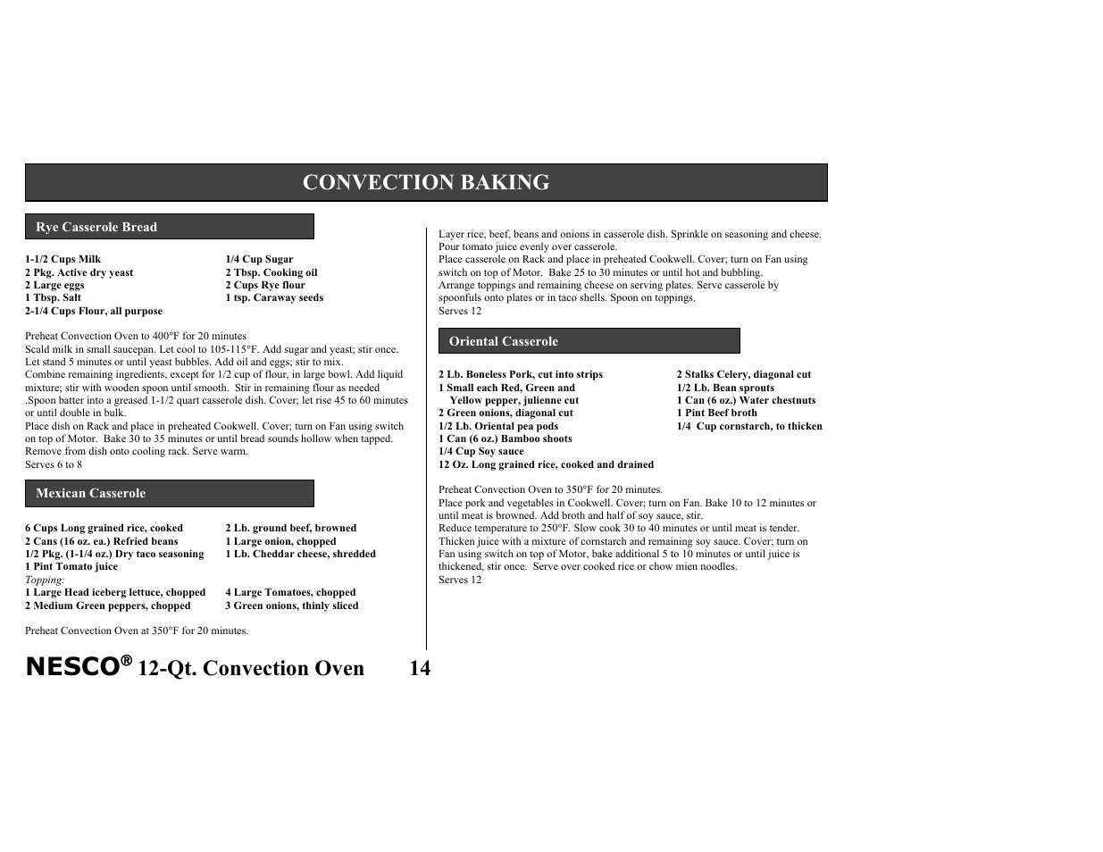 Nesco, Qt. convection oven 14, Convection baking | Nesco Convection Roaster Oven User Manual | Page 19 / 32