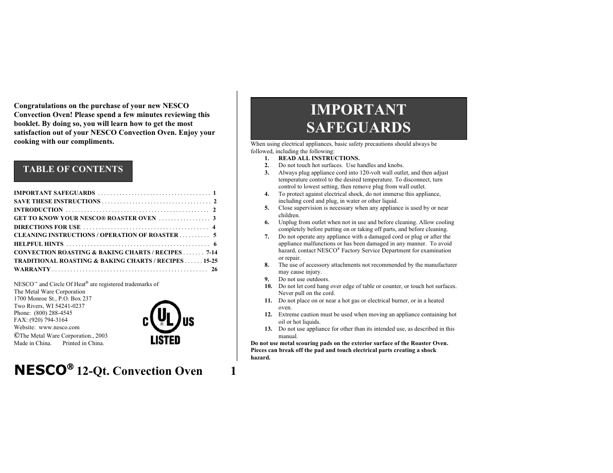 Nesco Convection Roaster Oven User Manual | Page 2 / 32