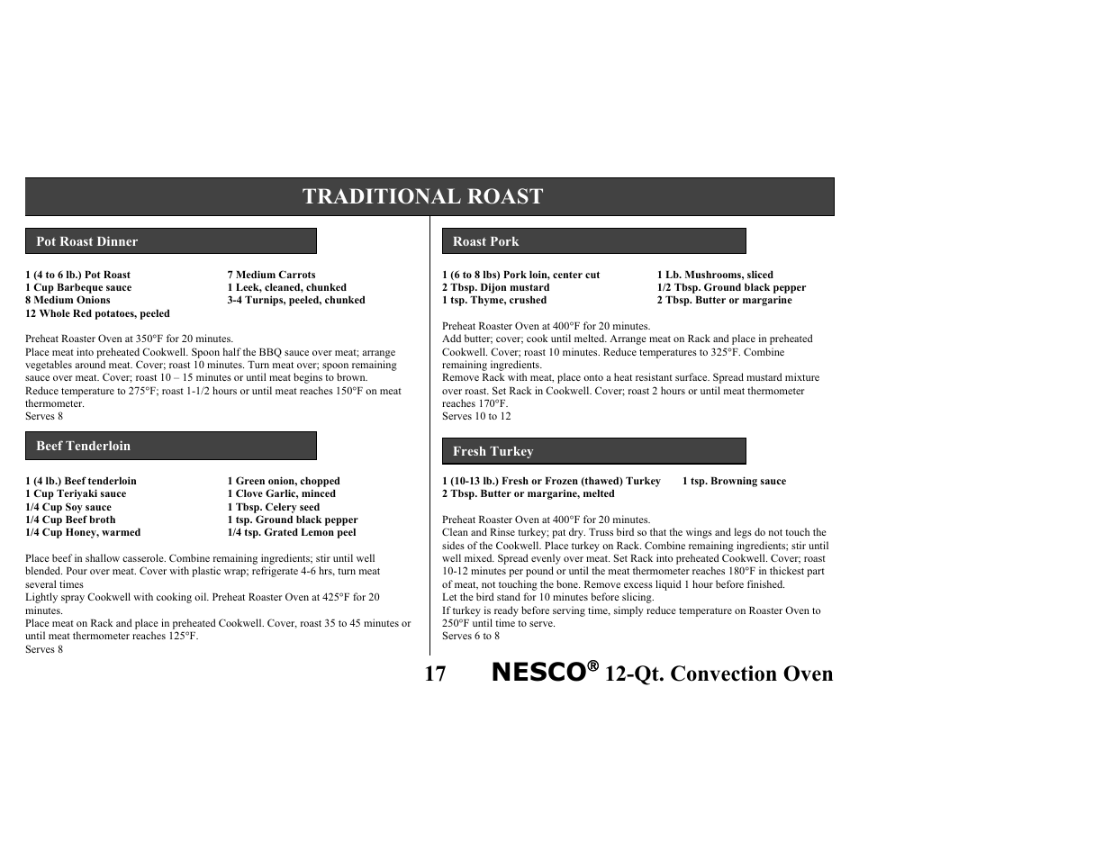 Nesco, Qt. convection oven, Traditional roast | Nesco Convection Roaster Oven User Manual | Page 22 / 32