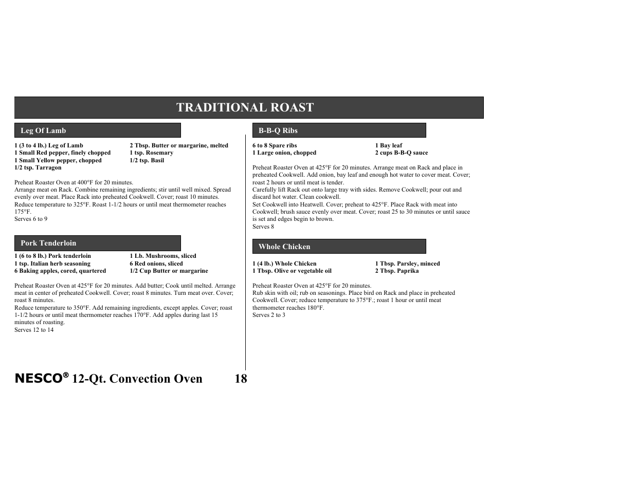 Nesco, Qt. convection oven 18, Traditional roast | Nesco Convection Roaster Oven User Manual | Page 23 / 32