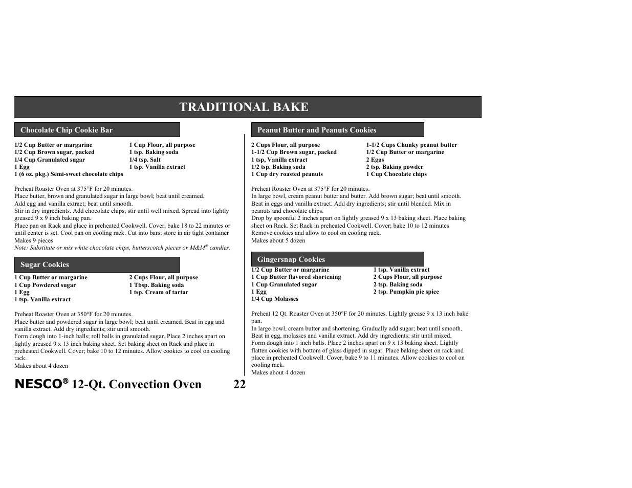 Nesco, Qt. convection oven 22, Traditional bake | Nesco Convection Roaster Oven User Manual | Page 27 / 32