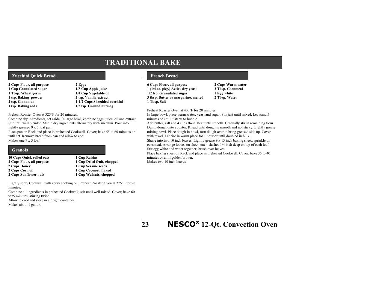 23 nesco, Qt. convection oven, Traditional bake | Nesco Convection Roaster Oven User Manual | Page 28 / 32