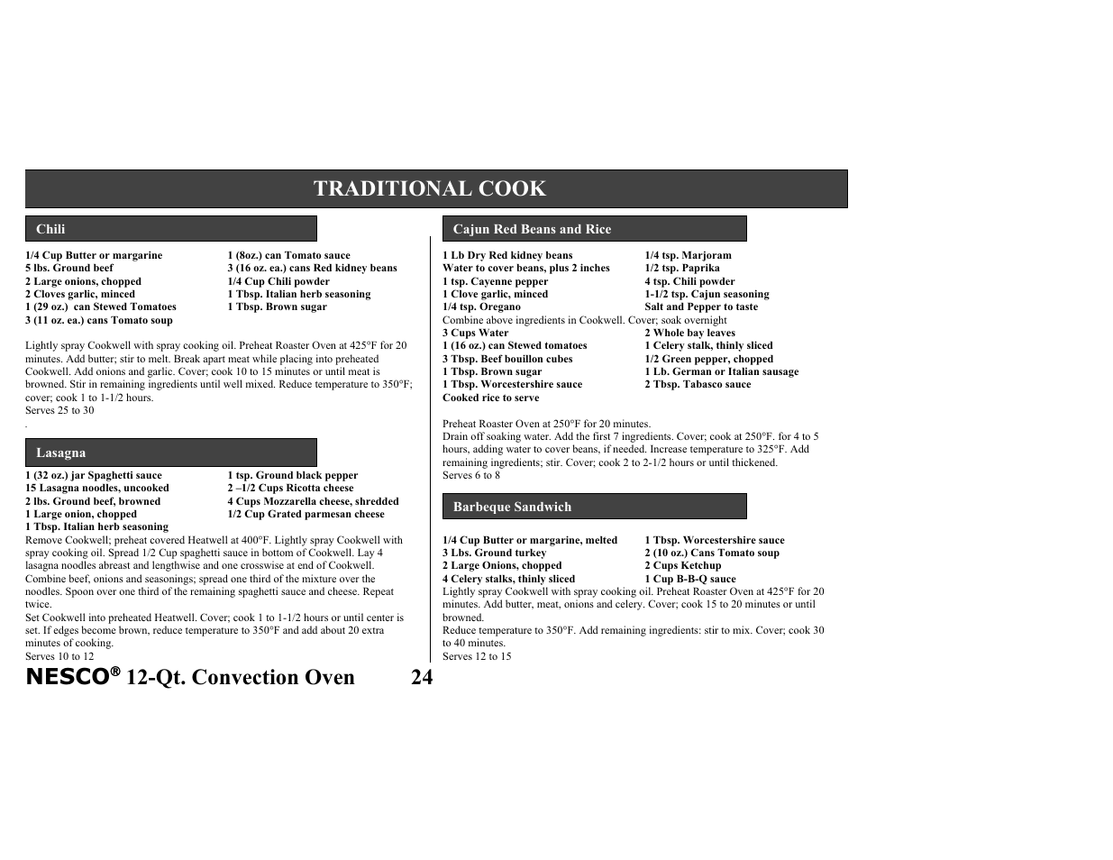 Nesco, Qt. convection oven 24, Traditional cook | Nesco Convection Roaster Oven User Manual | Page 29 / 32