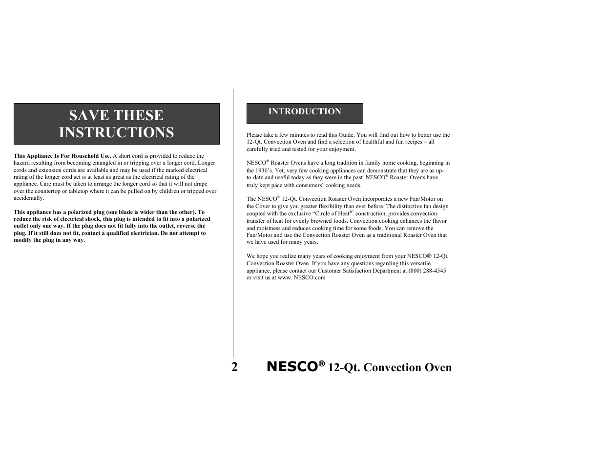 Save these instructions, 2nesco, Qt. convection oven | Nesco Convection Roaster Oven User Manual | Page 3 / 32