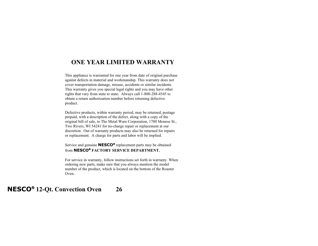 One year limited warranty, Nesco, Qt. convection oven 26 | Nesco Convection Roaster Oven User Manual | Page 31 / 32