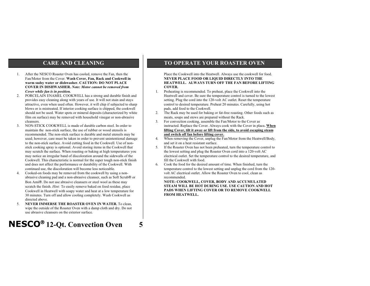 Nesco, Qt. convection oven 5, Care and cleaning to operate your roaster oven | Nesco Convection Roaster Oven User Manual | Page 8 / 32